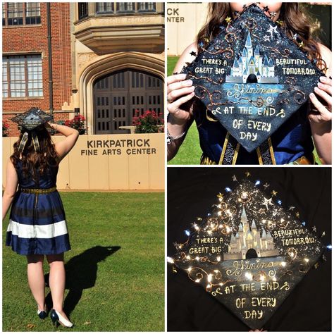 Graduation cap design featuring my love of Disney! "There's a great big beautiful tomorrow, SHINING at the end of every day!" - Walt Disney carousel of progress ✨⭐️ (Also, can you spot the hidden Mickey? ) Disney Carousel, Disney Grad Caps, Great Big Beautiful Tomorrow, Carousel Of Progress, Disney Graduation Cap, Caps Ideas, Funny Graduation Caps, Creative Graduation Caps, Disney Graduation