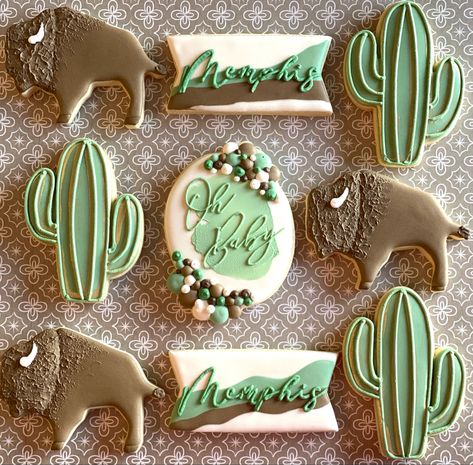 Bison Cookies Decorated, Bison Birthday Party, Buffalo Baby Shower Ideas, Cactus Cookies Decorated, Cactus Sugar Cookies, Desert Themed Baby Shower Ideas, Southwest Baby Shower Ideas, Cactus Themed Baby Shower Ideas, Boho Western Baby Shower Ideas Boy