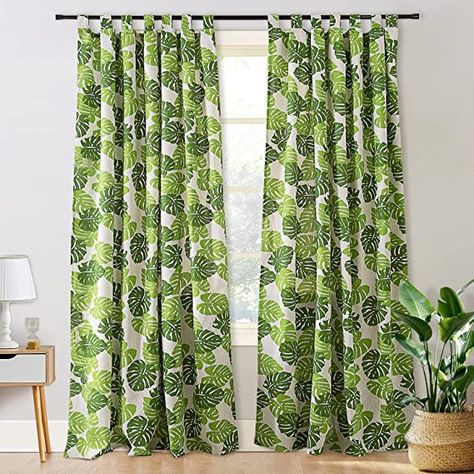 White And Green Curtains, Green Curtains Bedroom, Bedroom Tropical, Light Green Bedrooms, Tropical Windows, Living Room And Dining Room Decor, Tropical Curtains, Leaf Curtains, Wide Curtains