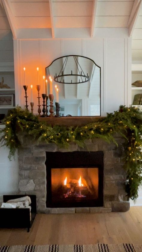 Christmas Garland Over Fireplace, Fireplace Christmas Decorations With Tv, Garland On Tv Stand, Garland On Fireplace, Fireplace Christmas Garland, Christmas Shooting, Faux Garland, Hearth Decor, Neutral Holiday Decor