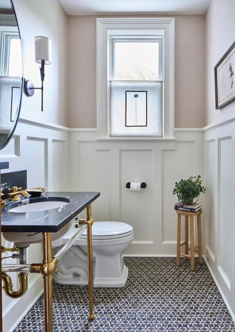 Painted White Paneling, Wallpaper Accent Wall Bathroom Half Baths Wainscoting, Pink And White Powder Room, Wainscoting With Wallpaper Bathroom, Bathroom Wall Wainscoting, Paneled Powder Room, Wainscoting In Powder Room, Wainscotting Powder Room, Paneled Walls With Wallpaper