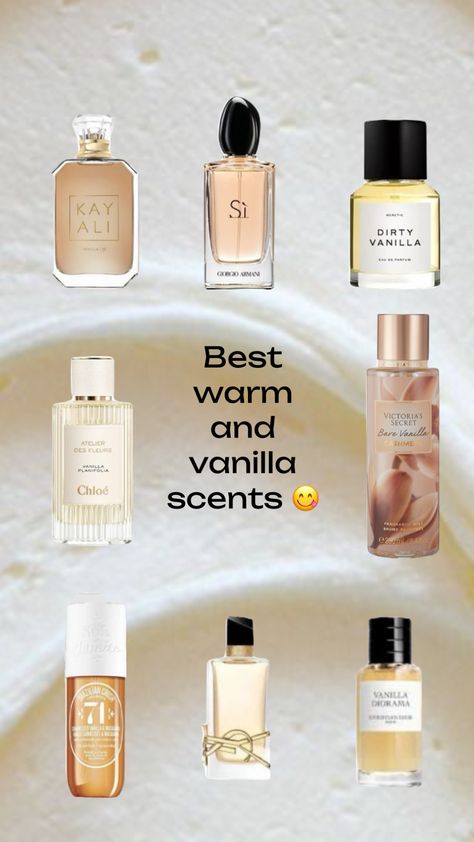 I love vanilla scents so I made this board of my dream vanilla perfumes hope you like 🤍🧸 Vanilla Girl Scents, Victoria Secret Vanilla Perfume, Vinalla Perfume, Best Vanilla Scents, Vanilla Smelling Products, Vanilla Scent Aesthetic, Warm Vanilla Perfume, Vanilla Scent Combo, Best Scent Combos