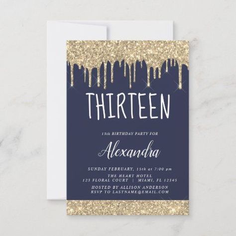 $2.06 | Gold Sparkle Glitter 13th Thirteen Birthday #sparkle #glitter #13th #modern #thirteen #elegant #kids #girl #navyblue #gold Thirteen Birthday, 60th Birthday Party Invitations, Sparkle Birthday, Thirteenth Birthday, Girly Birthday Party, Girly Birthday, 13th Birthday Parties, Birthday Party Celebration, 60th Birthday Party