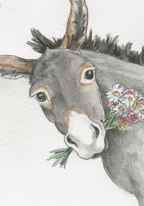 Watercolor Donkey Tutorial, Donkey Painting Easy, Donkey Illustration, Donkey Painting, Expressive Watercolor, Donkey Art, Drawing Exercises, Watercolor Ink, Creative Things