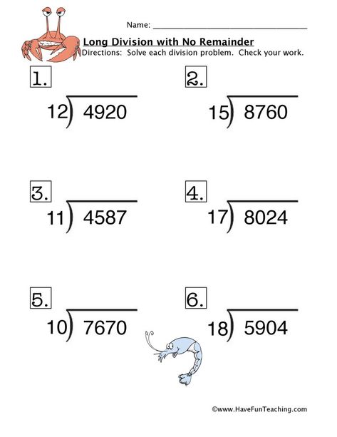 This worksheet is great for students who are struggling with long division or for students who need extra practice. The ten problems on the worksheet help students build their long division skills without the stress of remainders. Division Worksheets Grade 4, Division With Remainders, Teaching Division, Long Division Worksheets, 5th Grade Worksheets, Division Practice, Grade 6 Math, Division Facts, Division Worksheets