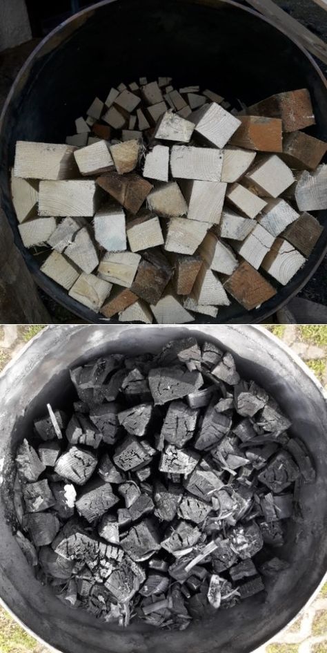 Two-barrel charcoal retort.  hardwood / biochar Bio Char, Making Charcoal, Homemade Forge, Wood Charcoal, Well Water, Bushcraft Camping, Propane Tank, Water Well, Composting