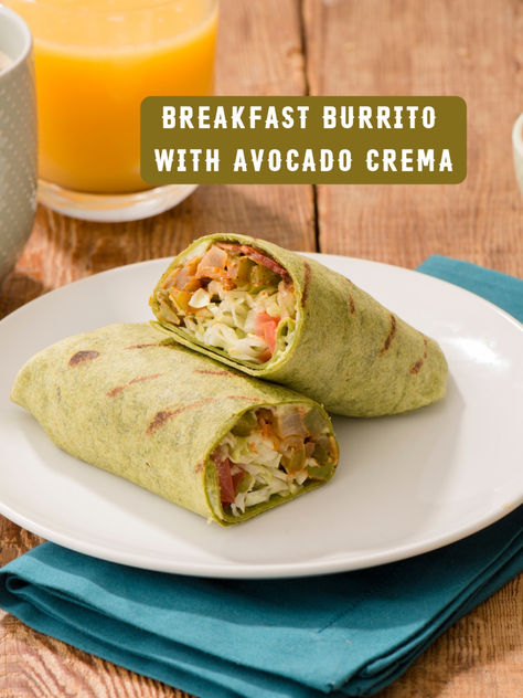 Even if you wake up on the wrong side of the bed, this Breakfast Burrito with Avocado Crema will instantly turn your entire day around ☀️ Avocado Mayonnaise, Lush Desserts, Burrito Recipes, Protein Wraps, Baked Polenta, Cinnamon Extract, Avocado Crema, Healthy Wraps, Breakfast Burrito