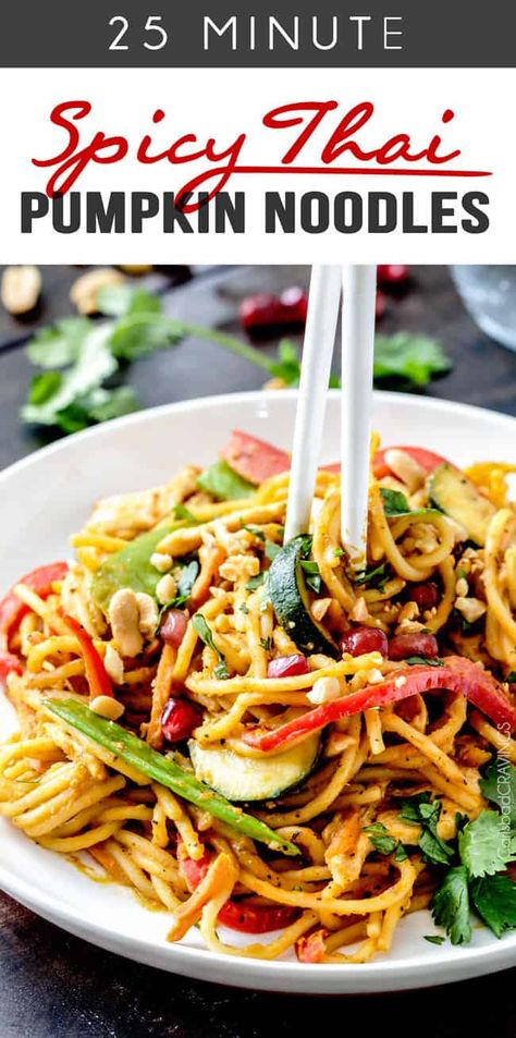 Easy 25 Minute Spicy Thai Pumpkin Noodles (with chicken option) are quick and easy to whip up and smothered in the most tantalizing spicy peanut pumpkin sauce that you will want to make year round! Easy Pumpkin Pasta, Pumpkin Noodles, Pumpkin Pasta Recipe, Chicken Coconut Soup, Noodles With Chicken, Chinese Chicken Salad, Carlsbad Cravings, Pumpkin Sauce, Pumpkin Pasta