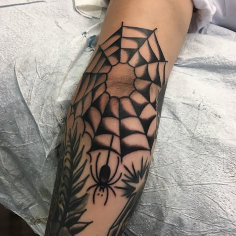 Elbow done by Sterling Barck @ Downtown Tattoo Las Vegas, Nevada. @Downtown_Tattoo_Las_Vegas #traditional #sterlingbarck #spiderweb #blackandgrey #spider | Jul 23rd 2017 | 393262 Spiderweb Knee Tattoo Traditional, Spiderweb Elbow Tattoo Traditional, Old School Spider Web Tattoo, Elbow Spiderweb Tattoo, Traditional Spiderweb Tattoo, Spiderweb Tattoo Traditional, Spider Tattoo Traditional, Spiderweb Elbow Tattoo, Spiderweb Knee Tattoo