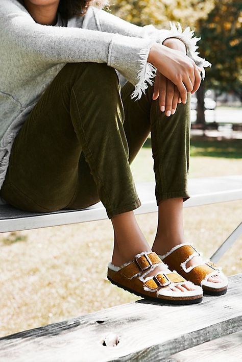 Arizona Shearling Birkens | Free People Shearling Birkenstock Outfit, Boston Shearling Birkenstock, Shearling Birkenstock, Birkenstock Shearling, Boston Shearling, Shoe Rotation, Birkenstock Outfit, Looks Jeans, Sandals Outfit