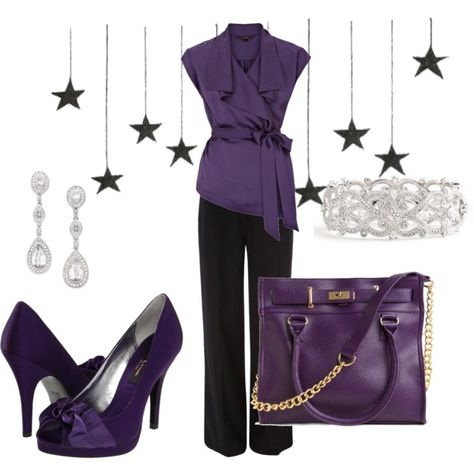 Elegante :) Dark Purple Outfit, Black And Purple Outfit, Evening Pants, Purple Outfit, Color Violeta, Work Chic, Purple Outfits, All Things Purple, Black And Purple