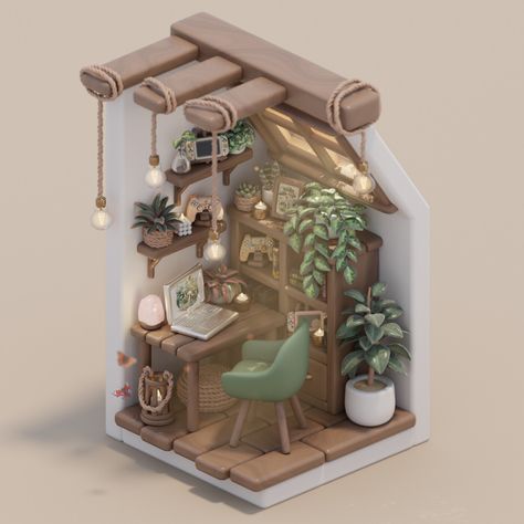 Forest Desk Setup,  on ArtStation at https://www.artstation.com/artwork/rJ6qmL Desk Setup Plants, Blender 3d Room, Stylized Diorama, 3d Modelling Environment, Forest Desk, Blender Plants 3d, Forest Bases Miniature, Desk Setup, 3d Modeling