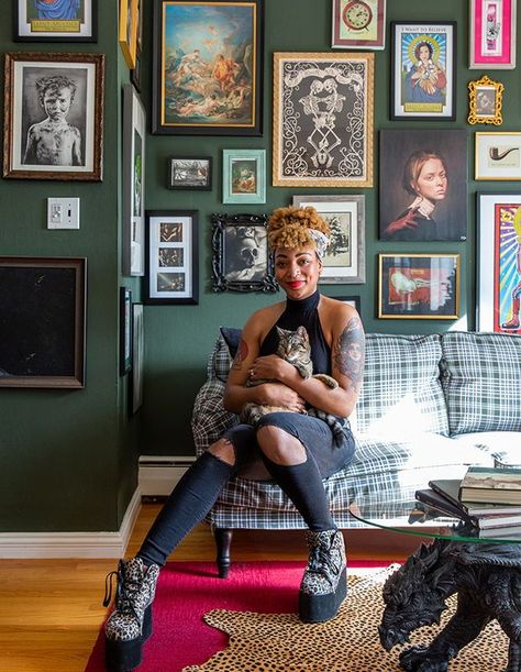 For Carmen, it’s about creating a comfortable and therapeutic design process, so her clients don’t feel intimated to unleash their creativity. | Photographer: Meghan Caudill | Designer: Carmen René Smith, Aquilo Interiors Maximalist Gallery Wall, Green Wall Color, Herringbone Wall, Graphic Pillow, Maximalist Wall, Eclectic Gallery Wall, Fine Photography, Green Sofa, Green Cabinets