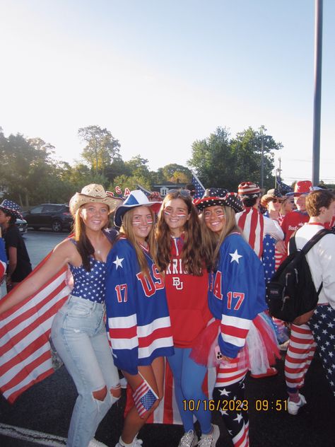 Usa Pep Rally Outfits, Merica Spirit Day Outfits, American Day Spirit Week, Usa Dress Up Day High School, Usa Homecoming Theme, High School Game Themes, Olympic Spirit Week Ideas, Usa Spirit Week Outfit, Holiday Day Spirit Week