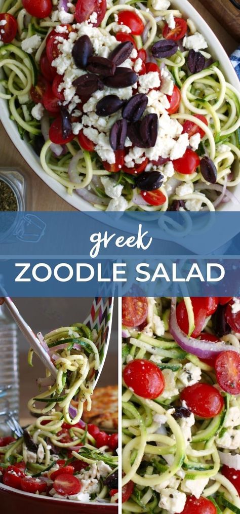 A Greek Zoodle Salad is a twist on the traditional Greek salad made by swapping the lettuce for raw spiralized zucchini noodles. It's the perfect salad for pizza night, parties, or picnics! Cucumber Zucchini Recipes, Greek Zoodle Salad, Spiral Zucchini Salad Recipes, Marinated Zucchini Noodles, Cucumber Zoodle Recipes, Zucchini Recipes Cold, Spiral Zucchini Salad, Spiral Cucumber Recipes, Greek Zucchini Salad