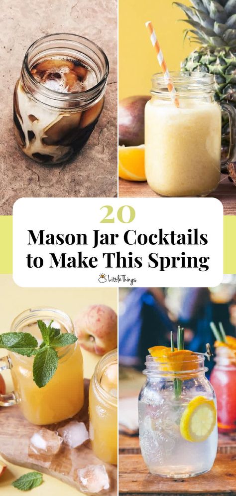 Mason-jar-cocktails-to- make-this-spring-pinterest-image Mason Jar Cocktail Recipes, Cocktails In A Jar, Jar Cocktails, Mason Jar Cocktails, Gin And Soda, Spiked Lemonade, Activation Ideas, Fancy Water, Mason Jar Drinks