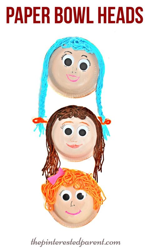 Paper bowl heads & faces with yarn hair. A fun arts & crafts project for kids Carton Diy, Arts And Crafts Interiors, Paper Bowl, Paper Plate Crafts For Kids, Arts And Crafts For Adults, Arts And Crafts For Teens, Yarn Hair, 얼굴 그리기, Paper Bowls