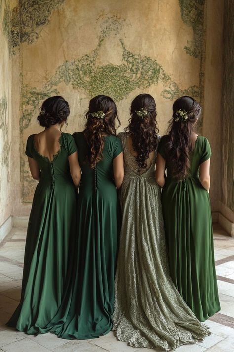 Check out these 40+ mixed green bridesmaid dresses that blend beautifully together. With shades ranging from mint to hunter green, they’re perfect for any wedding aesthetic. Find the right look for your party! #mixedbridesmaids #greenwedding #bridalparty Wedding Dress With Forest Green, Whimsical Green Bridesmaid Dresses, Green And Burgundy Bridesmaid Dresses, Wedding Aesthetic Bridesmaids, Emerald Green Bridesmaid Dresses Fall, Mixed Green Bridesmaid Dresses, Shades Of Green Bridesmaid Dresses, Emerald Green Bridesmaid Dress, Green Brown Wedding