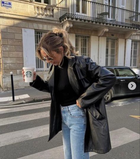 Paris Leather Jacket Outfit, Mid Leather Jacket Outfit, Mid Length Black Leather Jacket Outfit, Black Leather Shirt Jacket Outfit, Oversize Leather Jacket Outfits Women, Longline Leather Jacket Outfit, Leather Raincoat Outfit, Oversized Leather Jacket Outfits Women, Short Leather Coat Outfit