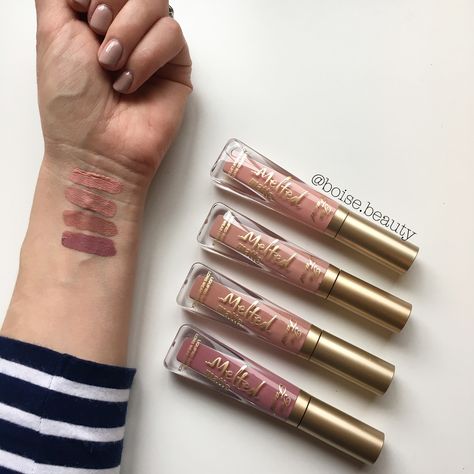 Swatches of Too Faced Melted Matte Lipsticks from top-bottom: Miso Pretty, Holy Chic!, Child Star and Queen B. Too Faced Melted, Makeup Drawer, Aesthetic Memes, Holy Chic, Makeup Swatches, Fenty Beauty, Rimmel, Queen B, Everyday Makeup