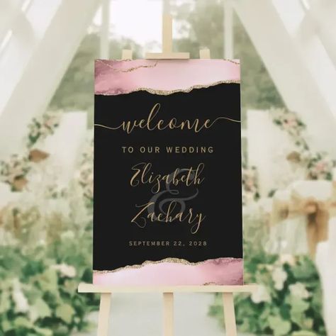 Blush Pink Gold Agate Vertical Wedding Welcome Foam Board (An elegant choice for a wedding with a blush pink, gold and slate black color palette.) Blush Pink And Black Wedding, Black And Pink Wedding, Elegant Wedding Welcome Sign, Pink And Black Wedding, Pink Black Weddings, Paper Nest, Blush Wedding Decor, Popular Wedding Invitations, Wedding Reception Guest