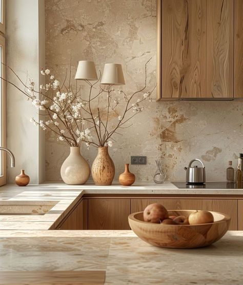 Neutral Tones Home, Light Home Design, Non White Kitchen Countertops, Kitchen Ideas Stone Countertops, All Cream Kitchen, U Style Kitchen, Light Wood Color Palette, Muted Neutral Color Palette, Light Wood Interior Design