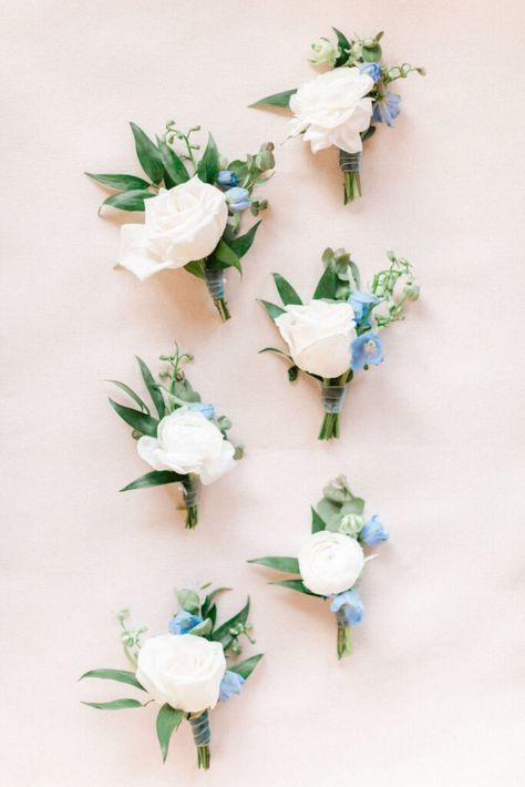 Sky Blue Boutonniere, Steel Blue Bouquet, Dusty Blue And White Boutonniere, Blue Groomsmen Boutonniere, Buttonniere Wedding, White And Blue Flowers Bouquet, Boutineer Ideas Blue And White, Light Blue Wedding Boutonniere, Blue And White Wedding Boutonniere