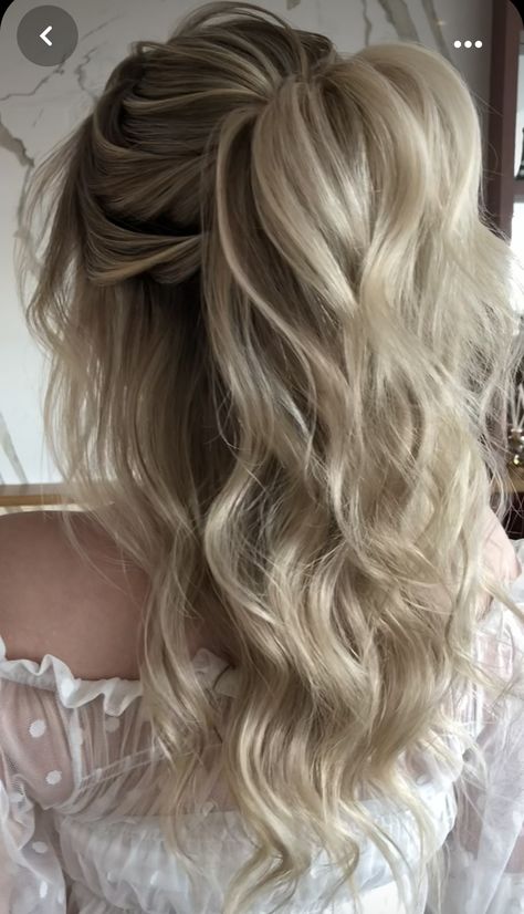 Half Pulled Back Hairstyles Wedding, Prom Hair Blonde Medium Length, Medium Length Blonde Wedding Hair, Classy Prom Hair Down, Wedding Hair With Extensions Half Up, Wedding Hair With Open Back Dress, Wedding Hairstyles For Long Fine Hair, Long Blonde Wedding Hairstyles, Half Up Half Down Wedding Hair With Veil Medium Lengths