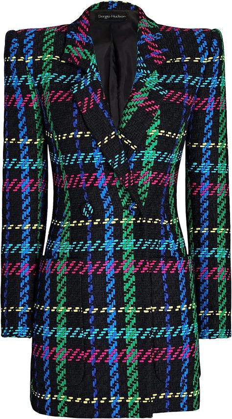 Double breast jacket dress of woven multicolor plaid. This dress is versatile enough to be worn over any existing garment but is also a strong stand alone piece. Sergio Hudson, Black Dress Jacket, Tailored Blazer, Double Breasted Jacket, Plaid Jacket, Versatile Dresses, Green Plaid, Blazer Dress, Black Plaid