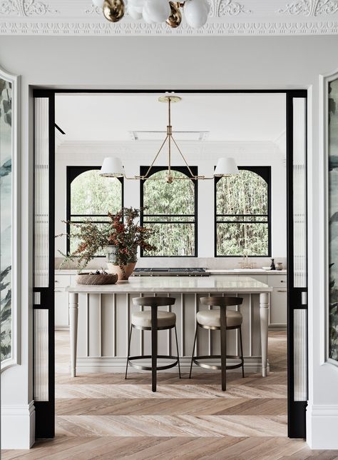 Onyx Backsplash, Archway Design, Brass Shelving, Dreamy Kitchens, Oak Timber Flooring, Hidden Pantry, Entertaining Space, Marble Vanity, Spanish House