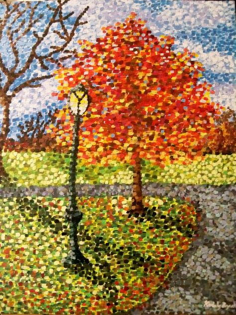 Pointilism "The Crooked Lamppost"  -Kimberly Hepburn Pointilism Art Ideas, Art Ideas Flowers, Pointilism Art, Pointalism Art, 8th Grade Art, Stippling Art, Creation Art, School Art Projects, Dot Art Painting