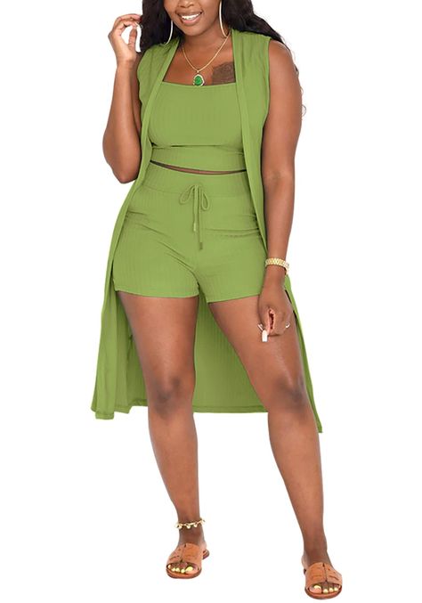 PRICES MAY VARY. Features: Tank crop tops,vest cardigan,ribbed design,elastic high waist shorts with drawstring,long cardigan with bodycon shorts set,slim fit,solid color,3 piece summer jumpsuits set,womens casual 3 piece pajama sets,3 piece loungewear set for womens,three piece shorts set with cardigans Material: 75% Polyester and 5% Spandex.This 3 piece summer outfits which is made of high quality fabric,soft,lightweight,breathable,stretchy,comfy and skin-friendly to wear Match: This 3 piece s Terno Slim Fit, Long Sleeveless Cardigan, Vest Crop Top, Drawstring Waist Shorts, Knitted Suit, Vest Coat, Three Piece Suit, Outfit Set, Long Cardigan