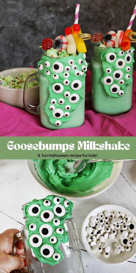 Goosebumps Monster Milkshake - A Beautiful Mess Monster Milkshakes, Goosebumps Monsters, Green Popcorn, Perfect Slime, Candy Eyeballs, Fun Halloween Food, Ice Cream Candy, A Beautiful Mess, Halloween 2