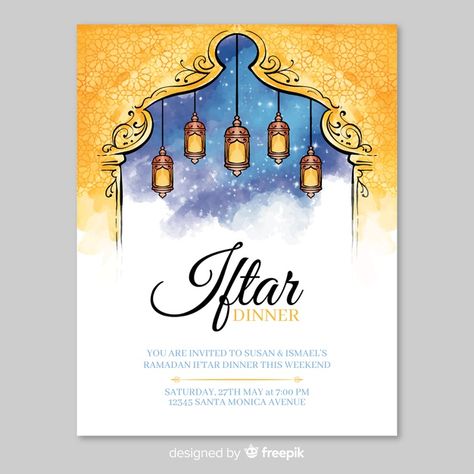 Watercolor iftar invitation template Fre... | Free Vector #Freepik #freevector #watercolor #invitation #card #ornament Iftar Invitation Card, Ramadan Iftar Invitation, Iftar Invitation Template, Iftar Invitation, Gif Youtube, Ramadan Iftar, Iftar Party, Ramadan Poster, Ramadan Background