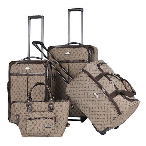 Display your great taste with this American Flyer AF Signature luggage set. Expanding feature ensures adequate packing space. Retractable locking handles take the hassle out of travel. In-line skate wheels allow you to move smoothly. Durable 600-denier polyester ensures long-lasting use. What's Included: Upright: 24H x 16W x 9D, 8.6 lbs Carry-on: 20H x 14W x 8D, 7.2 lbs Wheeled duffel: 11 H x 18W x 11D, 4.6 lbs Cosmetic satchel: 11 1/2H x 10W x 8D, 1.4 lbs Polyester Zippered closures Manufacture Luggage Sets For Women, Carry On Tote, Stylish Luggage, Spinner Luggage Sets, Flyer Printing, Spinner Luggage, Satchel Tote Bag, Leather Luggage, Travel Storage