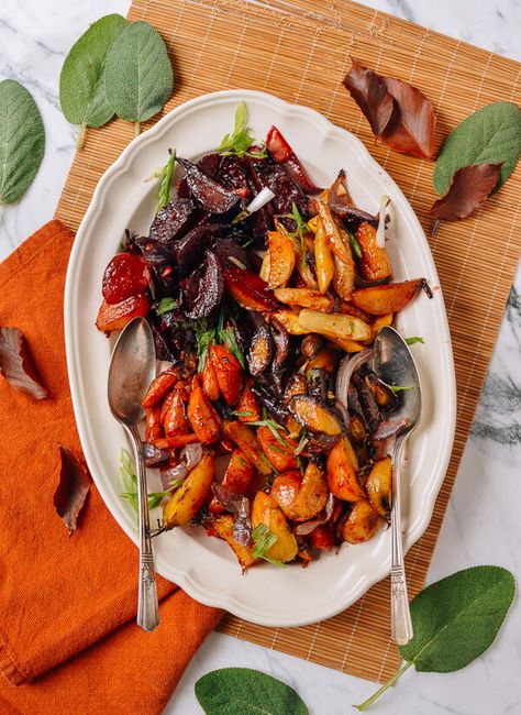 Roasted Root Vegetables with a Miso Glaze, by thewoksoflife.com Woks Of Life, The Woks Of Life, Miso Glaze, Roasted Root Vegetables, Holiday Side, Thanksgiving Side, Woks, Different Vegetables, Roasted Carrots