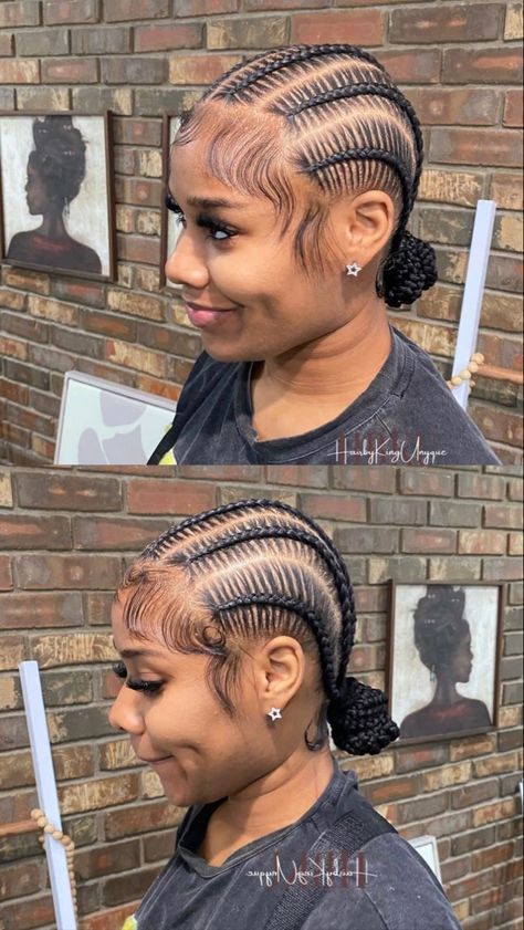 Braids Going Back Into A Ponytail, Stitch Braids Outfit Ideas, Feed In Braids Short Hair, Medium Cornrows Braids To The Back, Feed Ins Braids To The Back, Straight Back Feedins Braids, Edges For Straight Back Braids, 6 Braids Into A Bun, Braids To Back For Black Hair