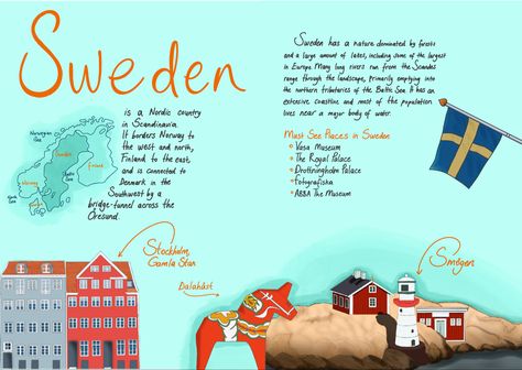 Must see places in Sweden 
Blue, orange illustration, banner design, graphic design, Sweden illustration, procreate, cute drawings, doodles, cute doodles, Scandinavian, Scandinavian design Procreate Infographic, Sweden Illustration, Sweden Poster, Illustration Poster Design, Illustrated Maps, Nordic Countries, Illustration Poster, Illustrated Map, Country Life