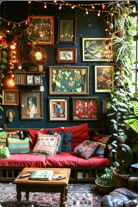 Yellow Bohemian Living Room, Bright And Moody Decor, Dark Cottagecore Living Room Ideas, Green Boho Living Room, Dark Eclectic Living Room, Maximalism Living Room, Witchy Living Room, Moody Maximalism, Dark Maximalism