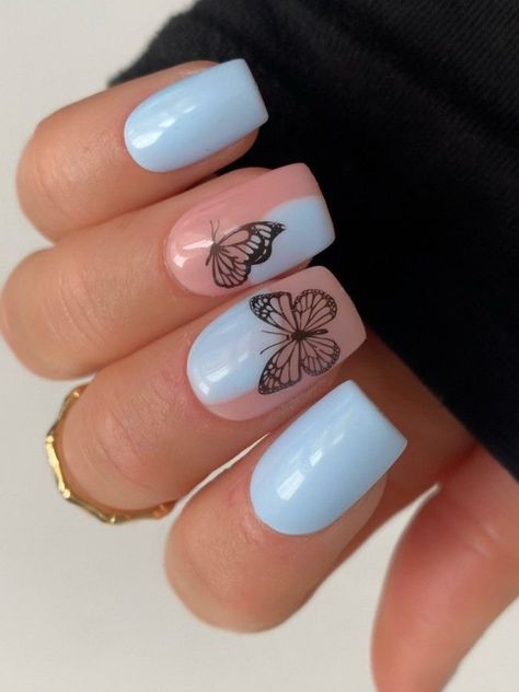 Baby Blue Nails With Butterflies, Baby Blue Acrylic Nails Short, Short Light Blue Nails, Blue Nails With Butterflies, Light Blue Nails Acrylic, Cute Light Blue Nails, Cute Baby Blue Nails, Baby Blue Nails Designs, Baby Blue Acrylic Nails