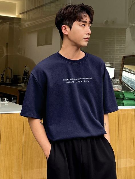 korean style t-shirt latest design with simple writen Gym Tank Tops Men, Shirt Outfit Men, Aesthetic Outfits Men, Slogan Shirts, Drop Shoulder Tee, Mens Graphic T, Embroidered Hoodie, Tshirt Outfits, Korean Men