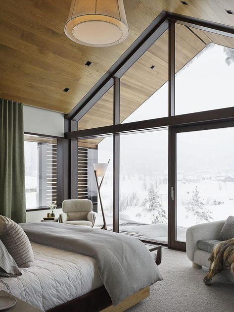 Serene mountain getaway nestled at the base of majestic Teton Range #bedroom #window #view Casa Wabi, Unique Floor Plans, Modern Mountain, Modern Cabin, Hus Inspiration, Bedroom Suite, Barn House, Modernism, Large Windows