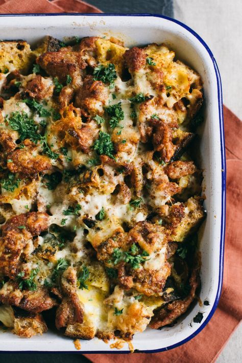 This Sourdough Sausage Breakfast Strata is the perfect use for leftover bread! Grab the recipe today. Dinners With Sourdough Bread, Sourdough Brunch Recipes, Breakfast With Sourdough Bread, Leftover Sourdough Bread Recipes, Sourdough Bread Breakfast Ideas, Breakfast Strata Recipes, Sourdough Bread Breakfast, Sourdough Breakfast Recipes, Spring Breakfast Recipes