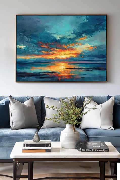 Original handmade oil painting of a vibrant sunset over a calm beach with turquoise waters reflecting orange and yellow sky Orange Hues, Sunset Art, Handmade Oil, Nature Indoors, Sunset Beach, Unique Wall Art, Beach Sunset, Beach Decor, Natural Beauty