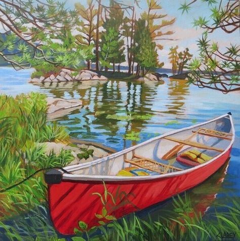 Waiting for You Boundary Waters Canoe Area Wilderness, Canadian Lakes, Birch Tree Art, Boat Drawing, Cottage Painting, Canadian Painters, Lake Painting, Boat Painting, Canadian Art