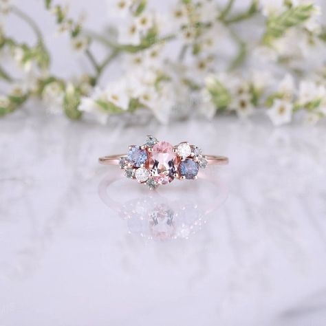 Dainty Oval Morganite Engagement Rings Rose Gold Alexandrite - Etsy Canada Gemstone Cluster Ring, Oval Morganite Engagement Ring Rose Gold, Wedding Rings Alexandrite, Custom Promise Ring, Blue Green Sapphire Engagement Ring, Morganite Engagement Ring Oval, Morganite Engagement Ring Rose Gold, Green Sapphire Engagement, Green Sapphire Engagement Ring