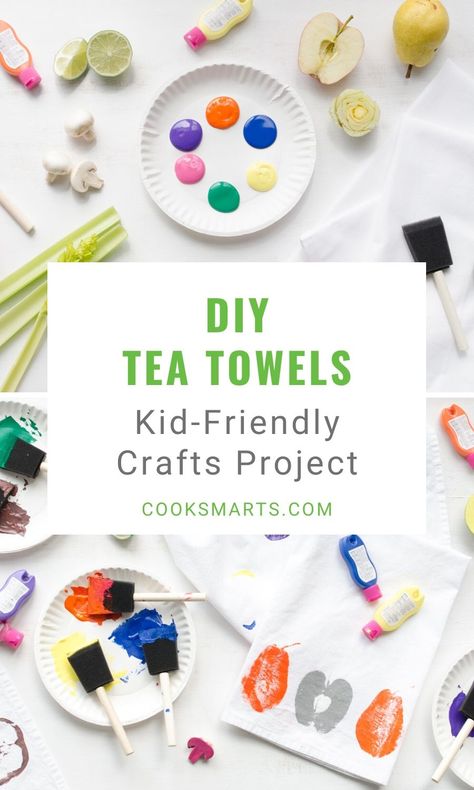 How to Make Fruit & Veggie Stamped Tea Towels | Need Christmas gift ideas? These adorable tea towels are a terrific kid-friendly crafts project, and they make wonderful DIY Christmas gifts for the kitchen. The home cooks on your list will love these! | Cook Smarts #cooksmarts #DIYchristmasgifts #DIYteatowels #kidfriendlycrafts #kitchengifts Stamped Towels Diy, Christmas Tea Towel Craft Kids, Hand Print Tea Towel, Tea Towel Christmas Gift, Paint Tea Towels, Christmas Tea Towels Diy, Tea Towel Crafts, Tea Towel Crafts Projects, Tea Towel Diy