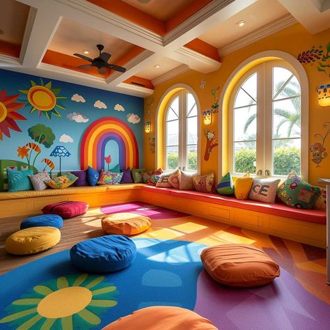 3+ Bright and Inspiring Kids Play Room Decorating Tips • 333+ Images • [ArtFacade] Play And Art Room, Kindergarden Rooms, Colorful Library Room, Play School Decor Ideas, Playing Room Ideas, Daycare Nap Room Ideas, Day Care Ideas Decoration, Play Houses For Kids, Preschool Interior Design