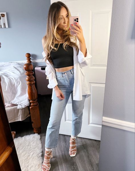 Casual going out outfit with white strappy heels from Forever 21, Express jeans and a button down shirt. Tank top from Amazon Jeans And Strappy Heels Outfits, White Strappy Heels Outfit, Strappy Heels Outfit Jeans, Strappy Heels Outfit, Casual Going Out Outfit, Heels Outfits Dress, White Heels Outfit, Summer Heels Outfit, White Tops Outfit