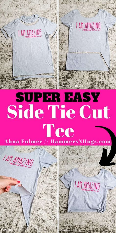 Distress Tee Shirts Diy, How To Cut A Tee Shirt To Make It Cute, Alter Tshirt, Diy Cut T-shirts, How To Cut A Tshirt Cute, Cut T Shirt Neckline, Cut A Shirt, Tshirt Hacks, Shirt Tuck